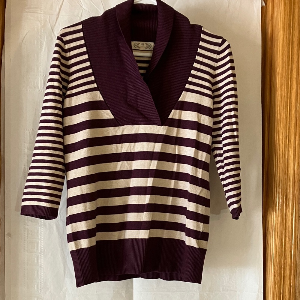 Pink Rose Sz L Purple & White Striped 3/4 Sleeve Cowl Neck Sweater
